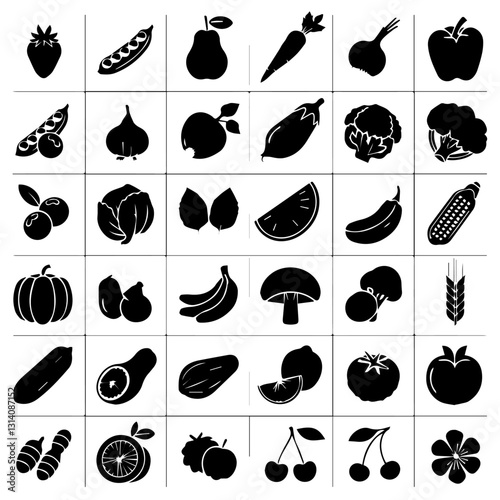 This image contains a collection of black silhouette icons depicting various fruits and vegetables. The icons are arranged in a grid pattern and include items such as strawberries, grapes, carrots, ga
