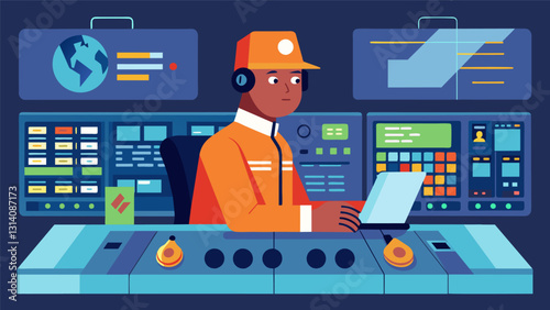 The operators movements are smooth and practiced every action seemingly effortless as they navigate through the complex system of switches monitors. Vector illustration