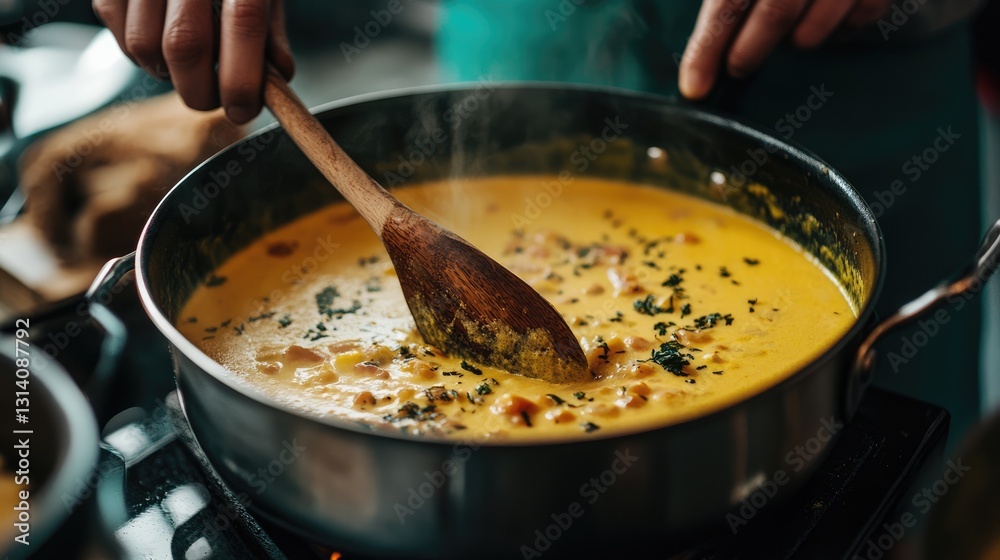 A pot of sauce being stirred gently with a wooden ladle. A pot of sauce being stirred gently with a wooden ladle.