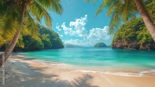 tropical beach with palm trees during a sunny day