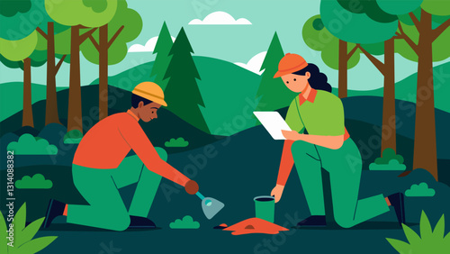 Amidst a lush green forest geoscientists take soil samples and analyze the composition for traces of hydrocarbons a key indicator of potential oil. Vector illustration