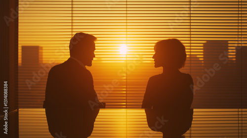 Formal Business Meeting with Sunlit Glass Table, Executives in Suits Engaged in Intense Dialogue under Venetian Blinds