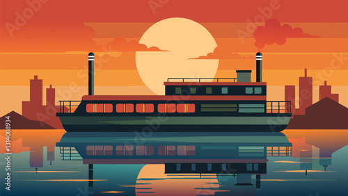 As the sun sets behind the silhouette of the barge the reflection of its exhaust pipes glisten off the still surface of the river.. Vector illustration