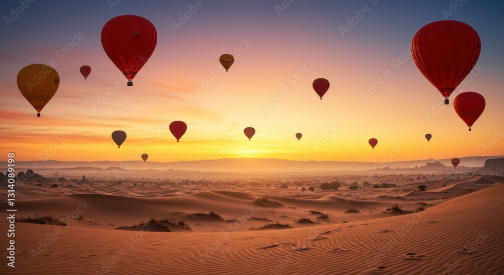 Fototapeta premium Vibrant hot air balloons soar over majestic desert at sunrise