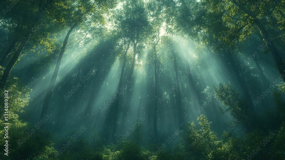 Obraz premium Sunlight streams through misty forest canopy