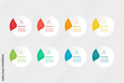 business concept with 8 steps, circle shape and multicolor label ,design for workflow layout, diagram, annual report, web design. vector