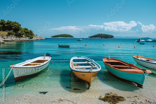 Rowboats on Shoreline with Clear Turquoise Water and Distant Islands