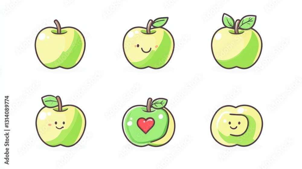 Cute cartoon apples, various poses, happy faces Cute cartoon apples, various poses, happy faces