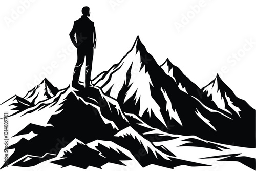 Silhouette of a man walking towards a mountain range with a backpack