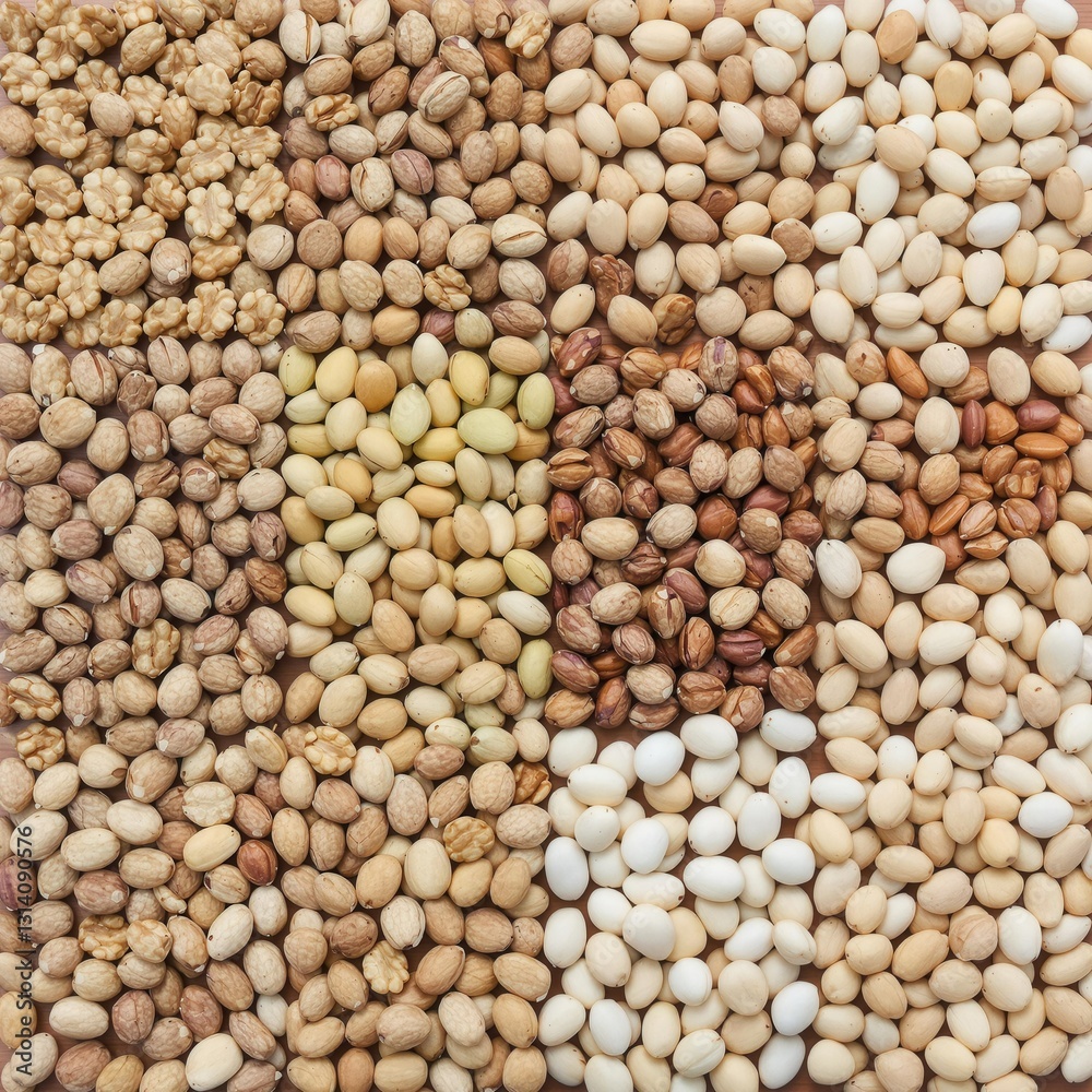 A variety of nuts and seeds are shown in different colors and sizes A variety of nuts and seeds are shown in different colors and sizes