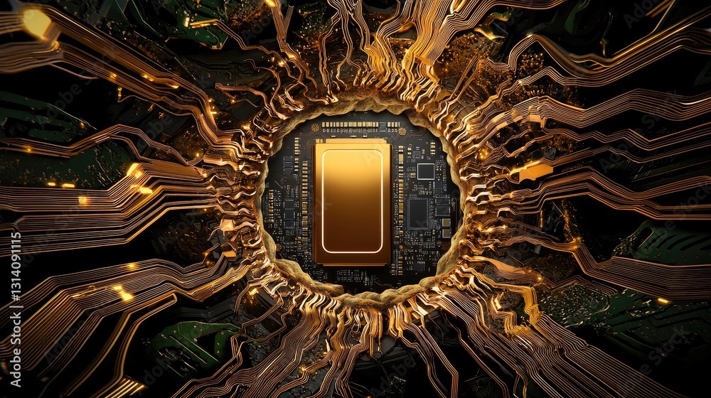 Fototapeta premium A visually stunning contrast between a natural tree trunk and a digital motherboard interface