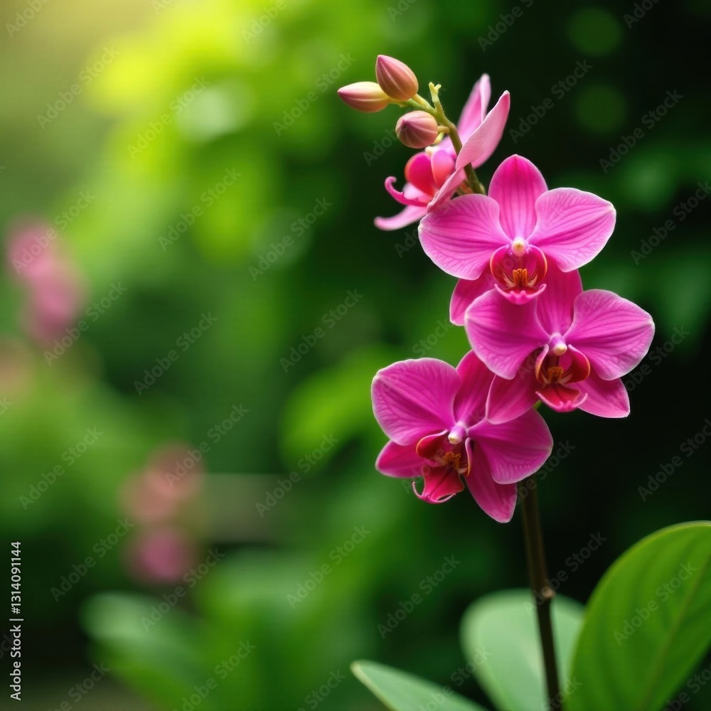 Obraz premium Vibrant red orchids bloom in lush garden setting , orchids, plant