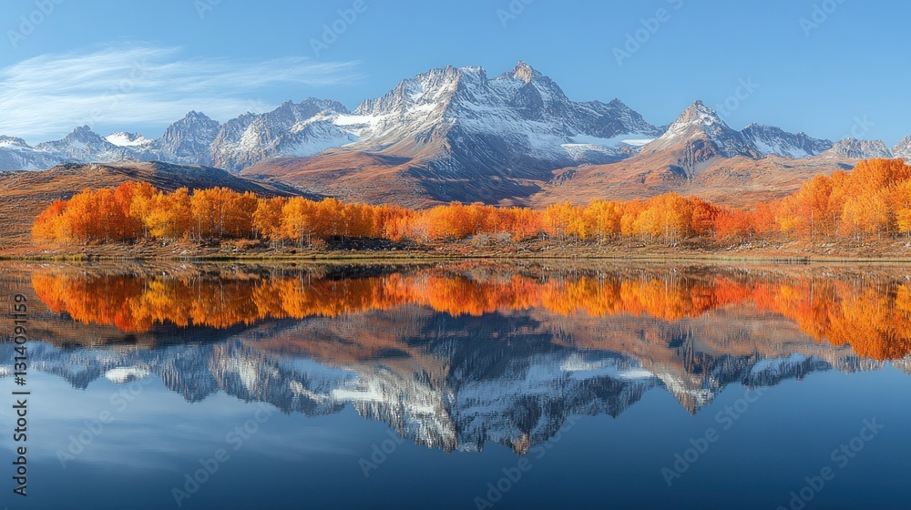 Fototapeta premium Autumnal lake reflecting mountains with snow, serene landscape