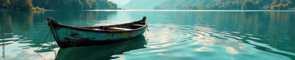 weathered boat gently rocking, glassy lake surface, reeds, image, old, photography weathered boat gently rocking, glassy lake surface, reeds, image, old, photography