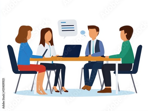 Diverse group of professionals engaged in discussion around a table with laptop and speech bubble illustrating ideas