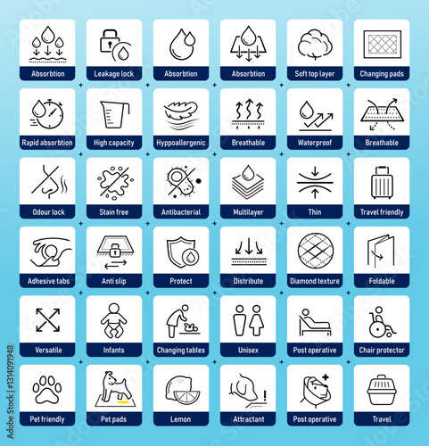 Disposable changing mat set icons.Suitable for pet, baby, adults users of changing mat.The outline icons are well scalable and editable. Contrasting elements are good for different backgrounds.EPS10.