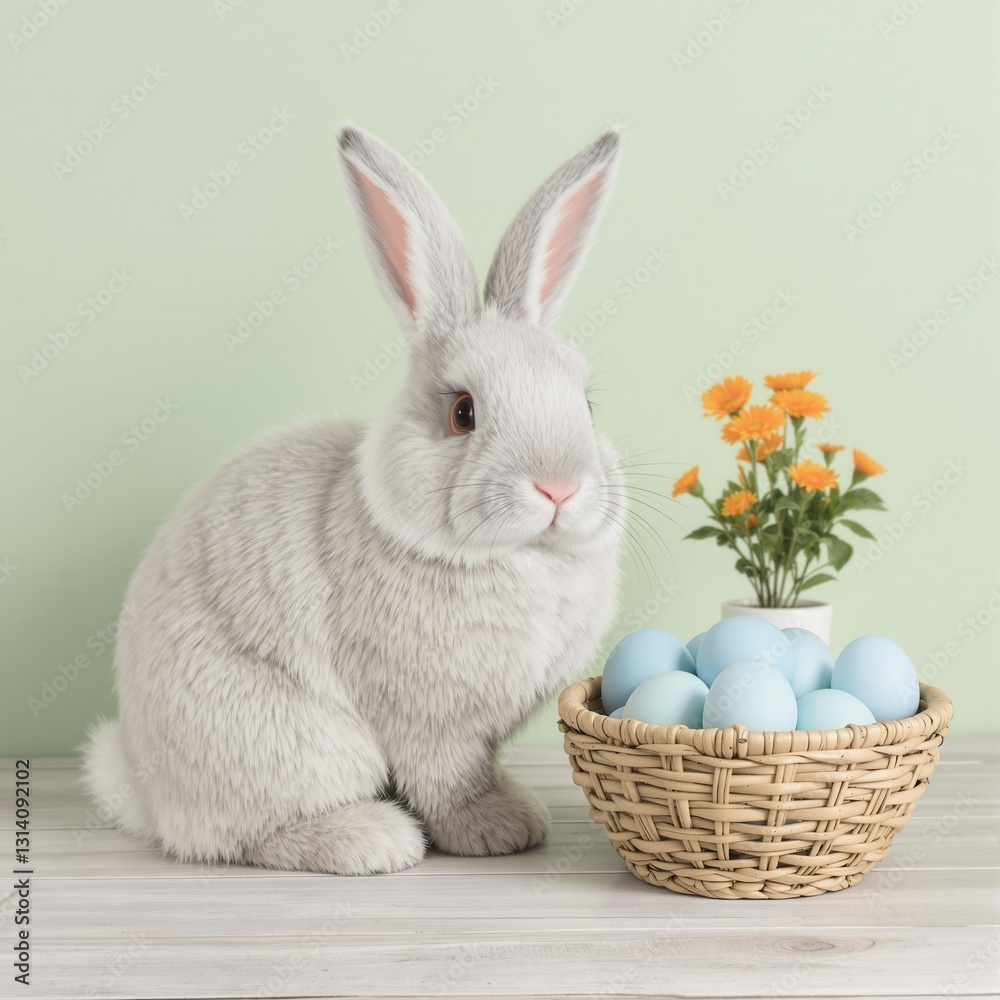 Obraz premium A rabbit is sitting in front of a basket of eggs