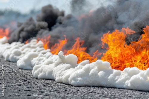 White fire retardant foam suppressing flames, creating a barrier against the fire.