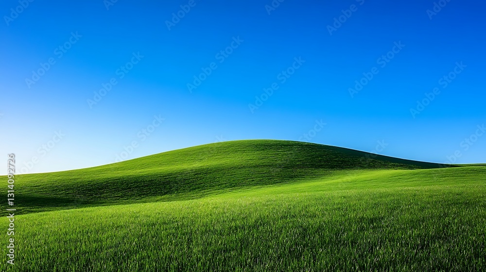 Naklejka premium Rolling green hills under a vibrant blue sky.
