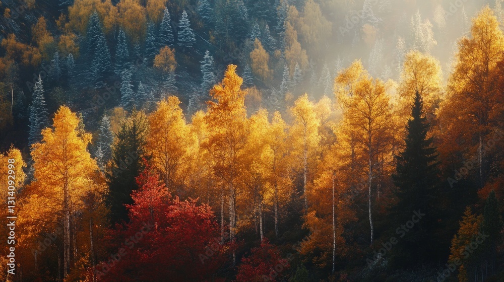 Obraz premium Vibrant Autumn Forest with Golden Leaves and Misty Background