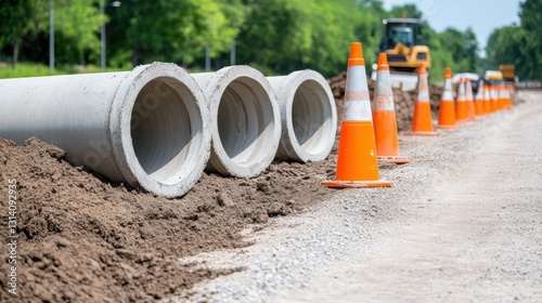 Large concrete pipes laid by dirt road, orange safety cones lined up along roadside, construction equipment in background.