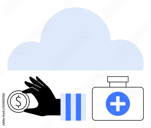 Hand holding coin near medical kit with blue cross, under cloud backdrop symbolizing financial planning, healthcare, savings, cloud computing, insurance, wellness, charity. Flat simple metaphor