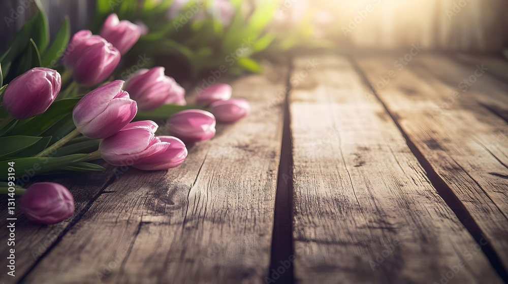 Rustic Wooden Table with Pink Tulips: A Springtime Bouquet Rustic Wooden Table with Pink Tulips: A Springtime Bouquet