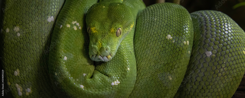 Fototapeta premium Emerald boa constrictor also known as the green tree boa. wide banner