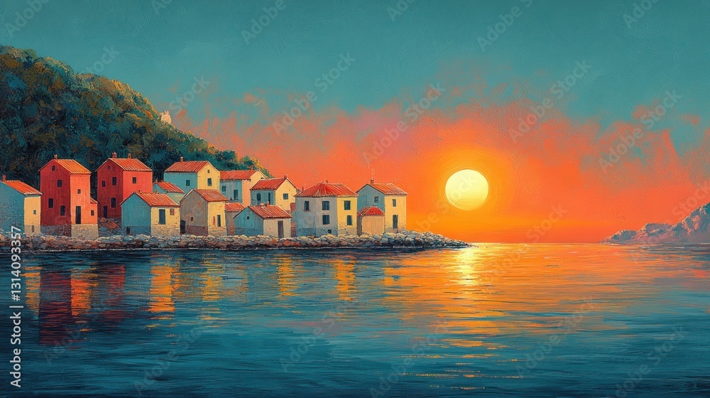 Fototapeta premium Coastal village sunset painting