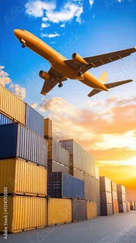Airplane flying over a cargo container symbolizing international freight forwarding and global trade logistics