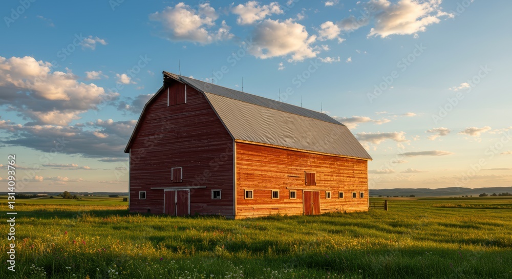 Rustic red barn in scenic countryside during golden hour Rustic red barn in scenic countryside during golden hour