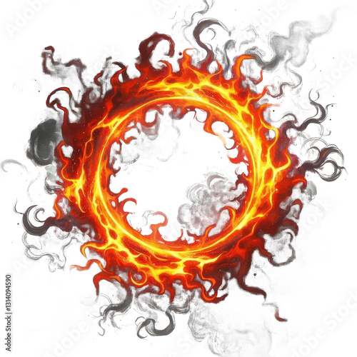 Flaming circular portal, fiery ring, ethereal smoke, white background, swirling energy, mystical on transparent background