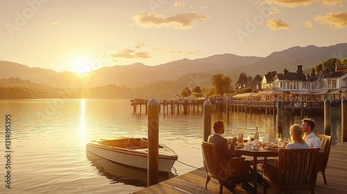 Lakeside Dining at Sunset with Scenic Mountain View  
