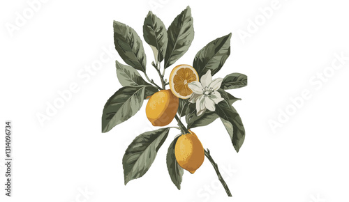 Lemon tree vector, old botanical illustration, isolated on transparent background, citrus plant drawing, vintage lemon branch, hand-drawn fruit tree, detailed botanical sketch