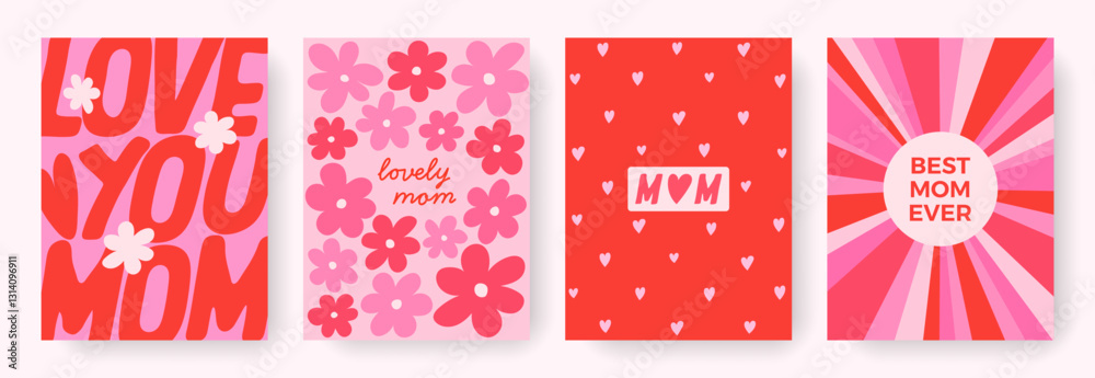 Modern minimalist abstract design of Mother's Day cards set. Simple geometric concept for celebration with hearts, flowers, typography. Spring backgrounds for ads, poster, banner, cover, invitation Modern minimalist abstract design of Mother's Day cards set. Simple geometric concept for celebration with hearts, flowers, typography. Spring backgrounds for ads, poster, banner, cover, invitation