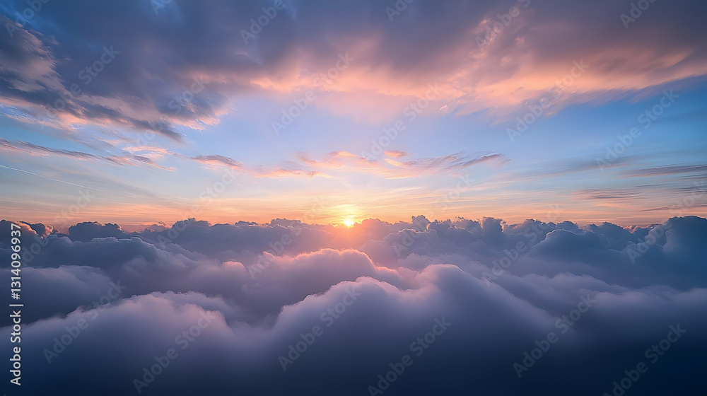 Dreamlike Sunset Over a Sea of Fluffy Pink and Purple Clouds with the Sun on the Horizon Dreamlike Sunset Over a Sea of Fluffy Pink and Purple Clouds with the Sun on the Horizon
