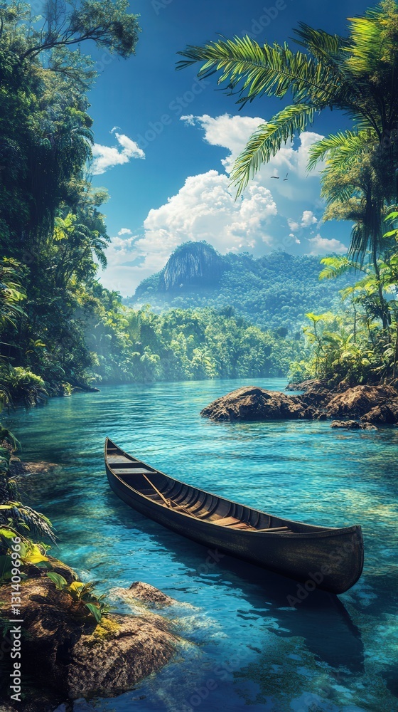 picturesque landscape featuring a canoe on the ocean, with the Amazon rainforest emerging majestically around it, picturesque landscape featuring a canoe on the ocean, with the Amazon rainforest emerging majestically around it,