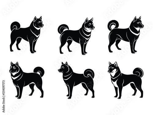 Collection of Shiba Inu dog silhouettes isolated on white background