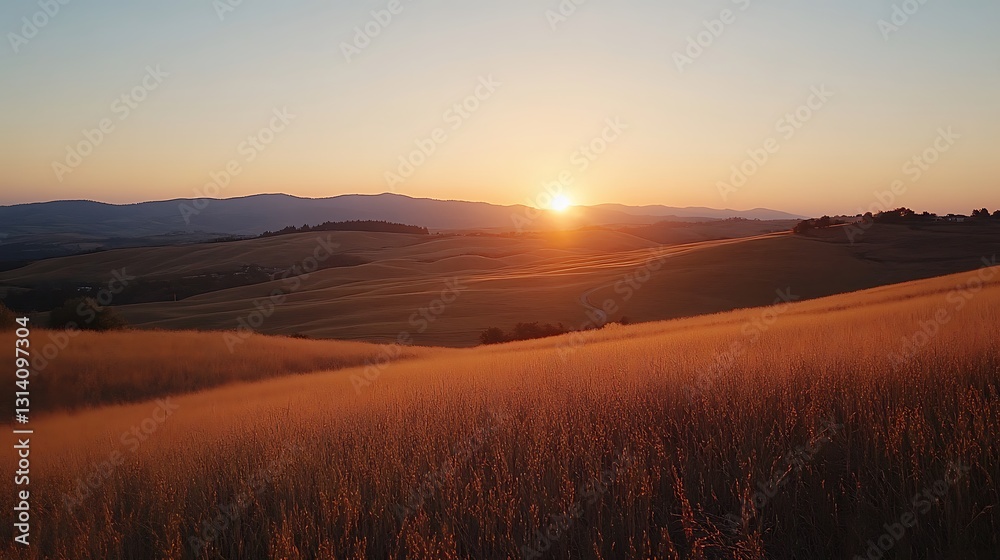 Golden sunset over rolling hills and wheat field. Golden sunset over rolling hills and wheat field.