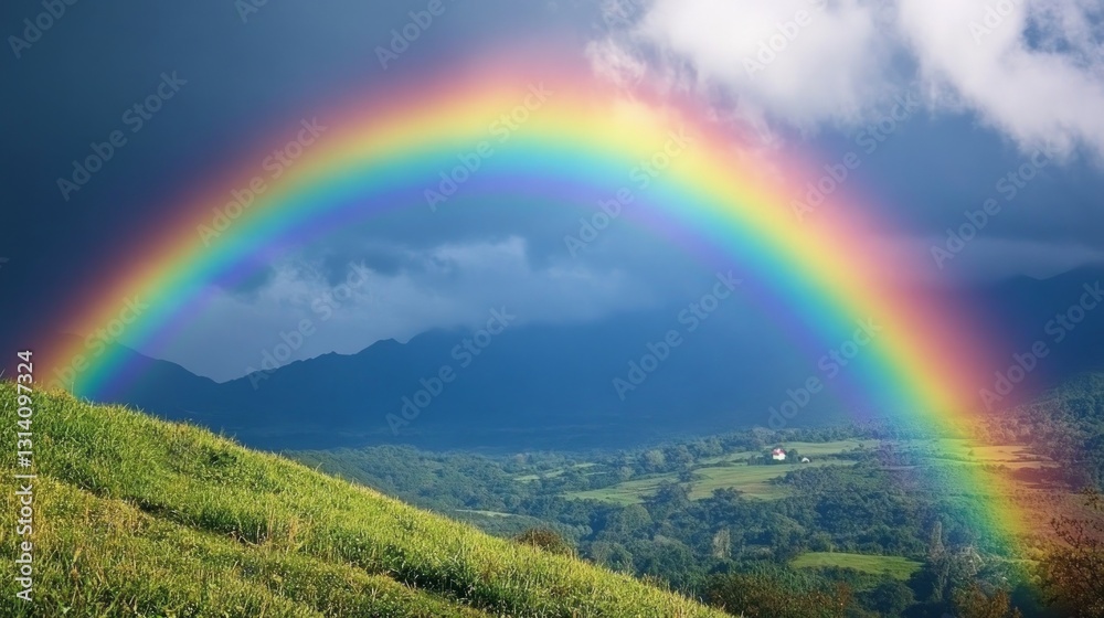 Bright and Colorful Rainbow Over Rolling Green Hills and Mountains Bright and Colorful Rainbow Over Rolling Green Hills and Mountains