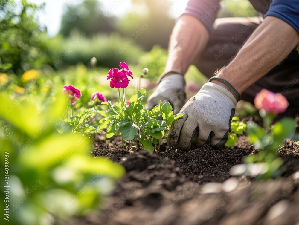 Sustainable Gardening: Person Planting Vibrant Pink Flowers Sustainable Gardening: Person Planting Vibrant Pink Flowers