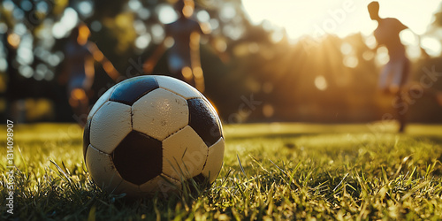 Close-up of a soccer ball on a grassy field with blurred players in the background illuminated by warm sunlight - soccer concept photo