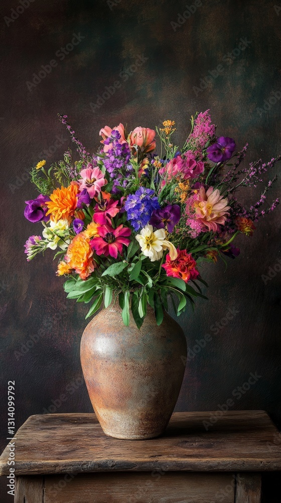Vibrant Floral Arrangement in Clay Vase with Moody Background Vibrant Floral Arrangement in Clay Vase with Moody Background