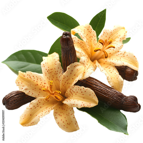 vanilla flower with pods and leaves isolated on transparent background