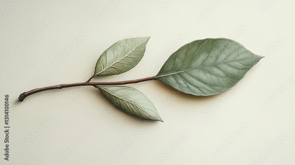 Obraz premium A branch with two large, textured leaves on a light background.