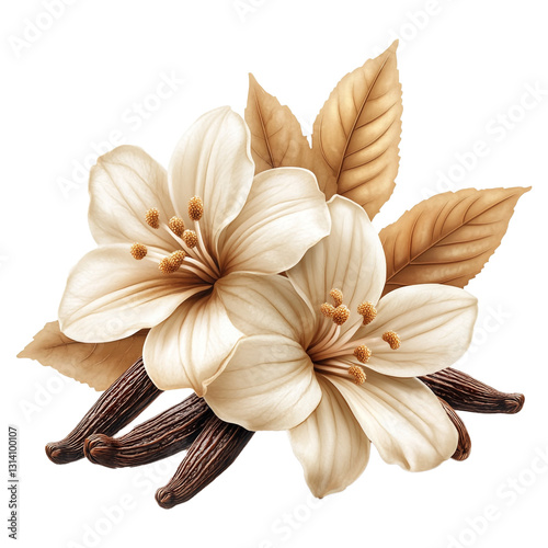 vanilla flower with pods and leaves isolated on transparent background