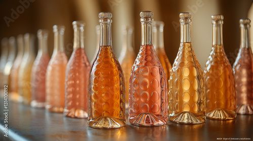 Elegant Row of Wine Bottles, Highlighted by Soft Overhead Lighting, Showcasing Rich Textures photo
