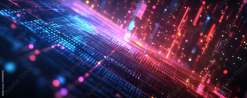 Futuristic grid background with illuminated blue, red, and purple lights, representing data flow and digital networks. Futuristic grid background with illuminated blue, red, and purple lights, representing data flow and digital networks.
