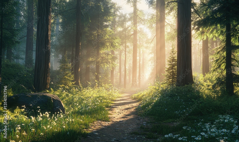 Fototapeta premium Dramatic forest trail with sunlight filtering through tall trees, softly illuminated to create a serene and inviting outdoor aesthetic