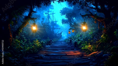 Mysterious jungle path leading to an abandoned pirate ship at night. Seamless looping 4K time-lapse animation video background